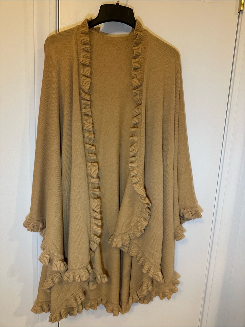Lord & Taylor Camel Ruffle-Trim Cape Cover up Sweater